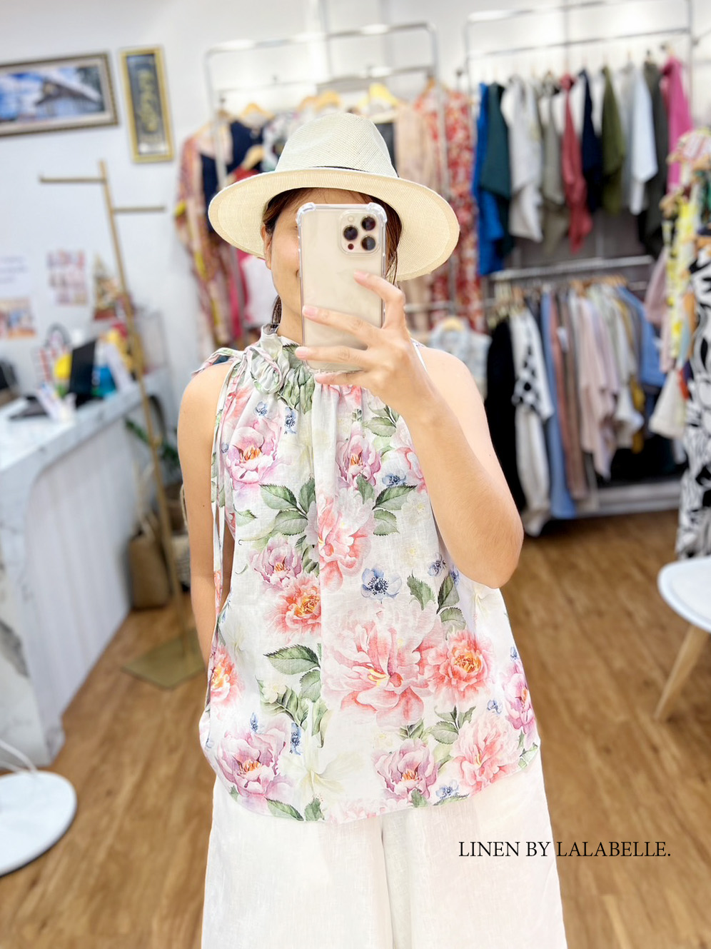 เสื้อลินินพิมพ์ลาย คอรูดเชือก L366