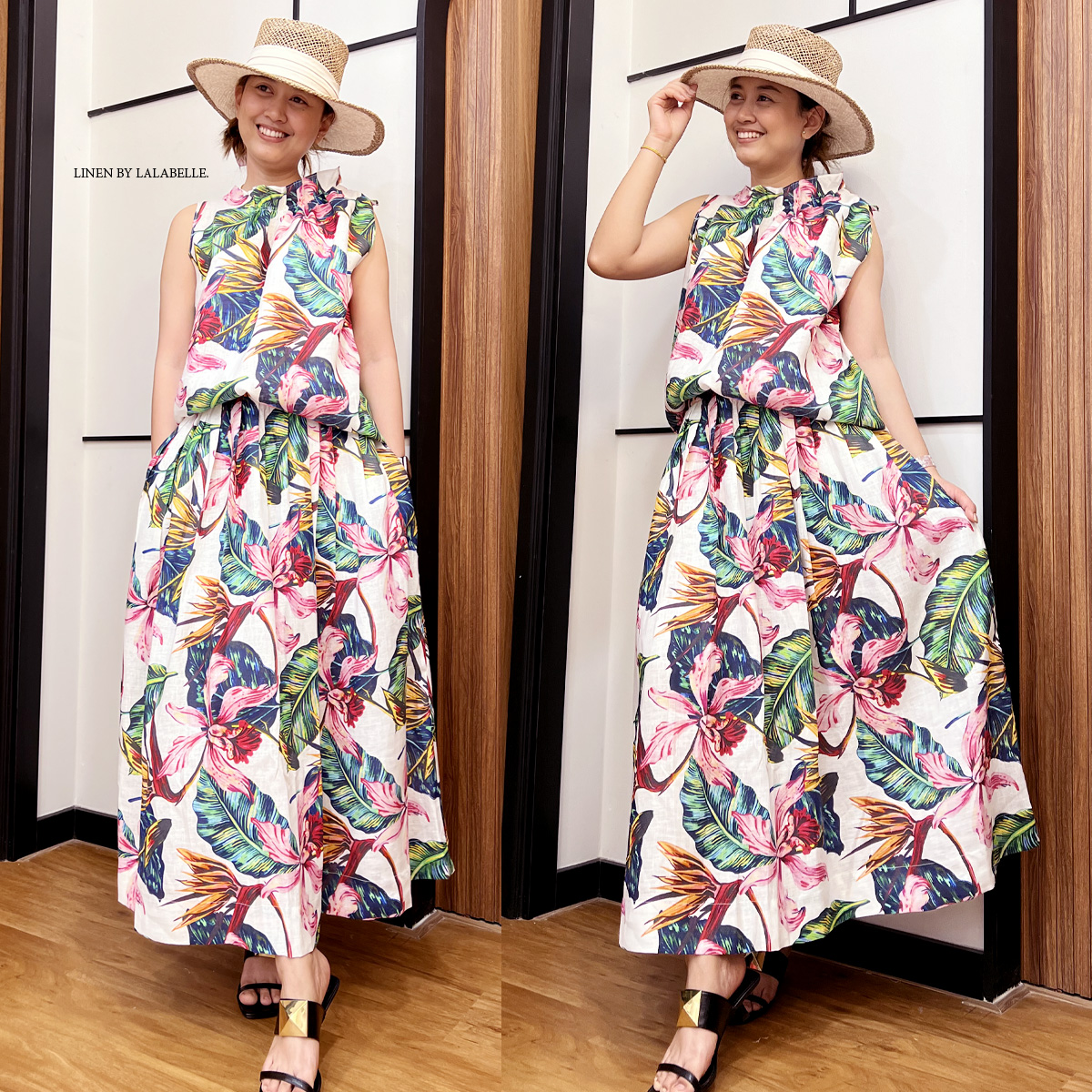 ชุดเซตลินินพิมพ์ลาย สีขาว (เสื้อ L057)+(กระโปรง L057-1)