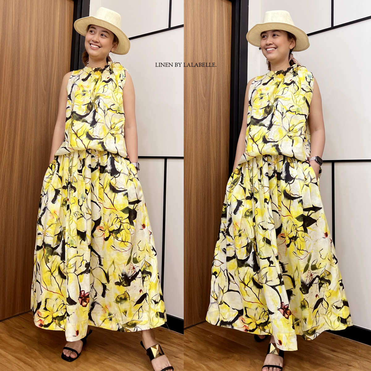 ชุดเซตลินินพิมพ์ลาย สีเหลือง (เสื้อ L057)+(กระโปรง L057-1)