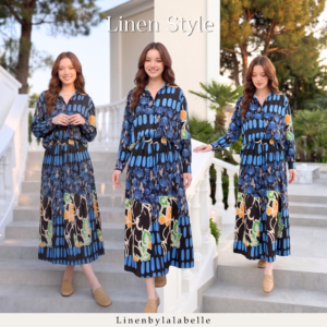 ชุดเซตลินิน เสื้อเชิ้ต+กระโปรงลินิน พิมพ์ลาย (โทนสีน้ำเงิน) L415