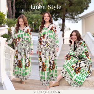 ชุดเซตลินิน เสื้อเชิ้ต+กระโปรงลินิน พิมพ์ลาย (โทนสีเขียว) L416